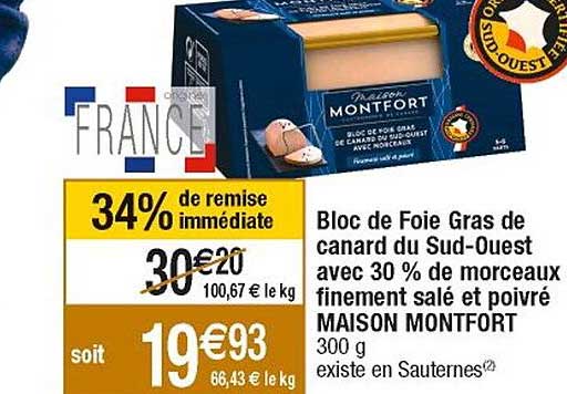 bloc de foie gras de canard du sud-ouest avec 30% de morceaux finement salé et poivré maison montfort