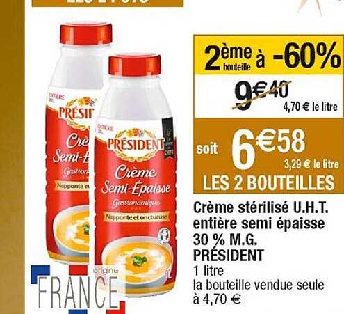 crème stérilisé u.h.t. entière semi épaisse 30% m.g. président