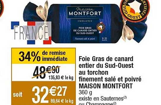 Foie Gras De Canard Entier Du Sud-ouest Au Torchon Finement Salé Et Poivré Maison Montfort