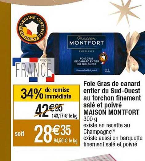 foie gras de canard entier du sud-ouest au torchon finement salé et poivré maison montfort