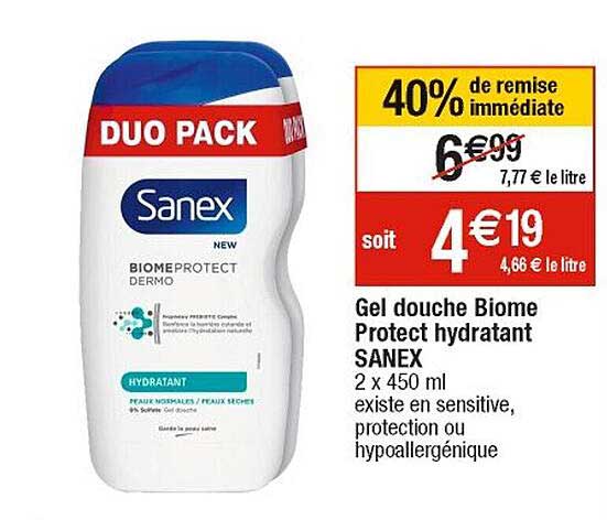 gel douche biome protect hydratant sanex