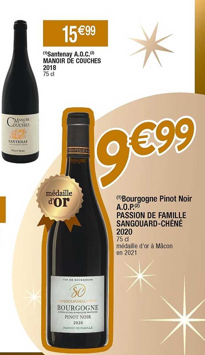 santenay a.o.c. manoir de couches 2018, bourgogne pinot noir a.o.p. passion de famille sangouard-chêné 2020