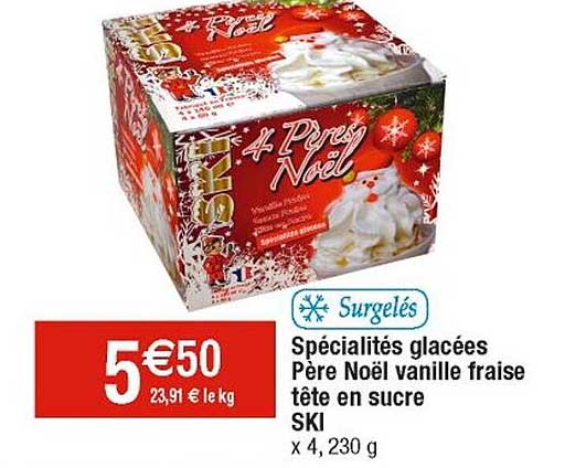 spécialités glacées père noël vanille fraise tête en sucre ski