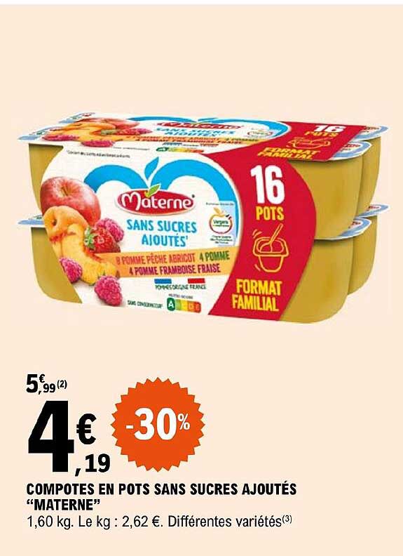 compotes en pots sans sucres ajoutés "materne"