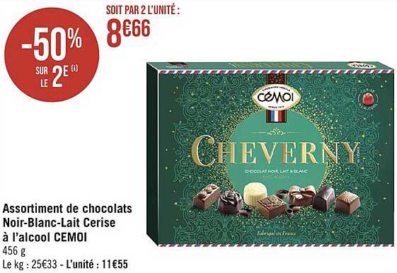 assortiment de chocolats noir-blanc-lait cerise à l'alcool cemoi