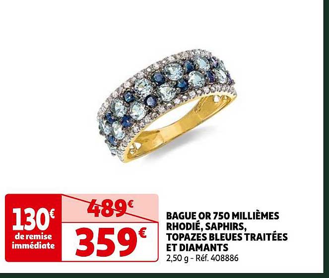 bague or 750 millièmes rhodié, saphirs, topazes bleues traitées et diamants