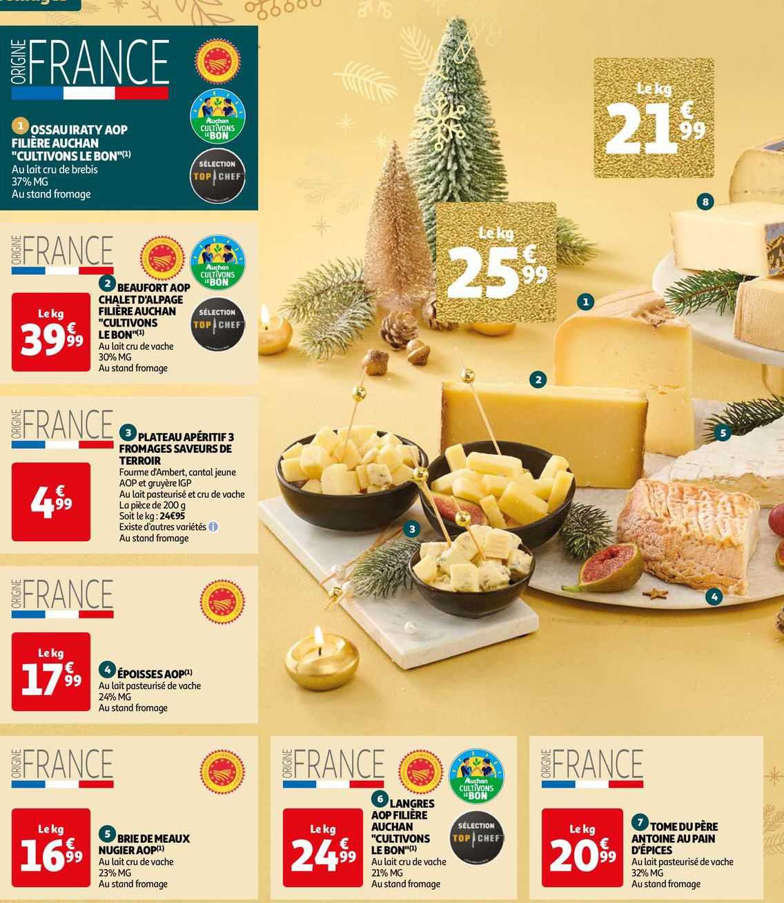 beaufort aop chalet d'alpage filière auchan "cultivons le bon", plateau apéritif 3 fromages saveurs de terroir, époisses aop, brie de meaux nugier aop, langres aop filière auchan "cultivons le bon"