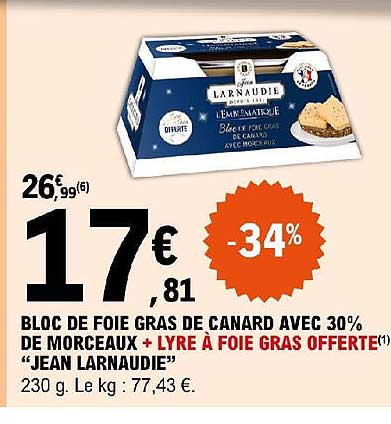 bloc de foie gras de canard avec 30% de morceaux + lyre à foie gras offerte "jean larnaudie"