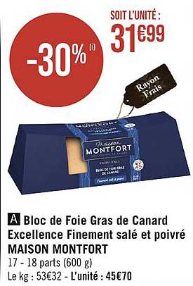 bloc de foie gras de canard excellence finement salé et poivré maison montfort