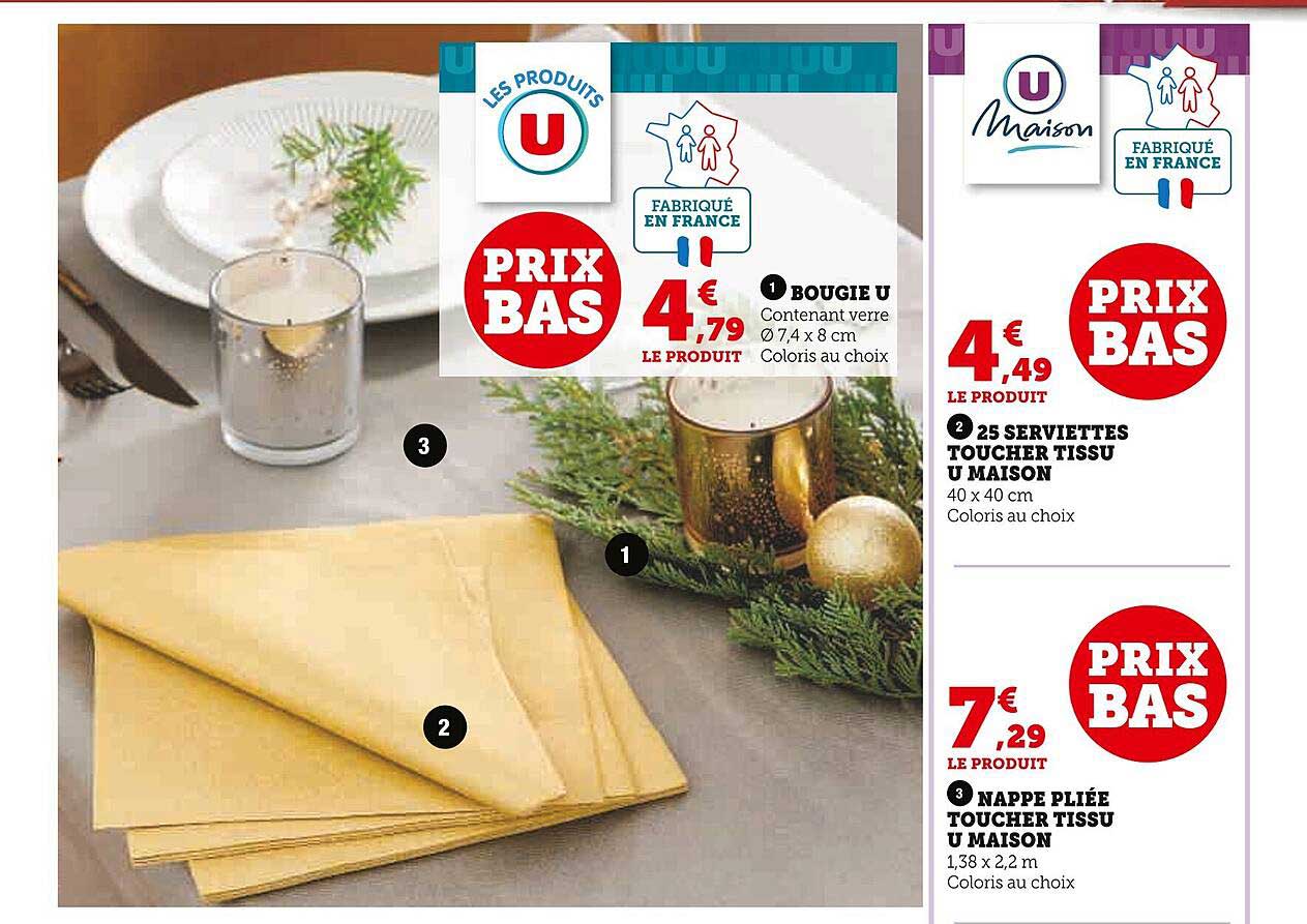 bougie u, 25 serviettes toucher tissu u maison, nappe pliée toucher tissu u maison