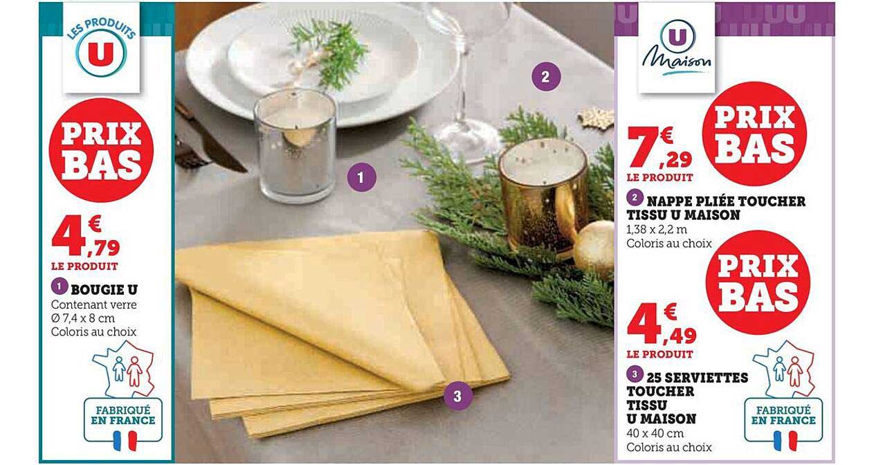 bougie u, nappe pliée toucher tissu u maison, 25 serviettes toucher tissu u maison