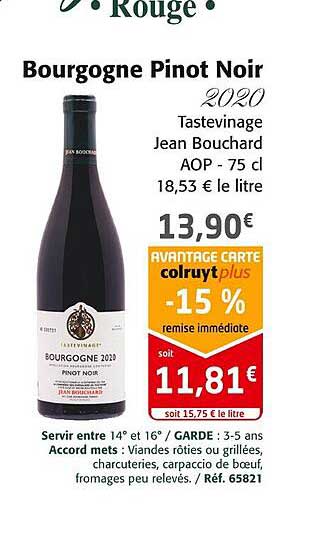 bourgogne pinot noir 2020 tastevinage jean bouchard aop