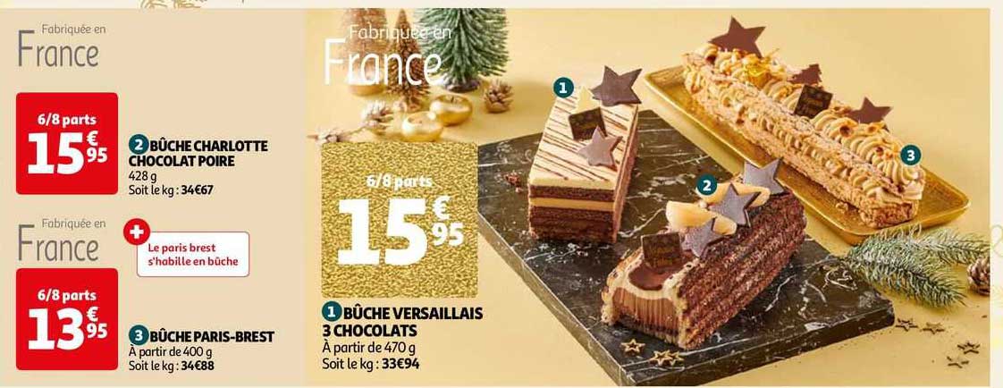 bûche versaillais 3 chocolats, bûche paris-brest, bûche charlotte chocolat poire