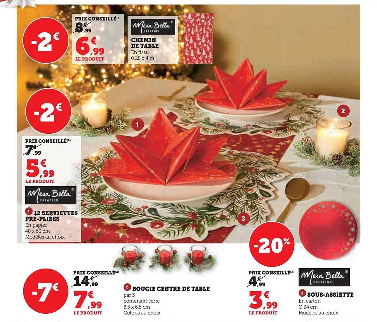 chemin de table mesa bella, 12 serviettes pré-pliées, bougie centre de table, sous-assiette mesa bella