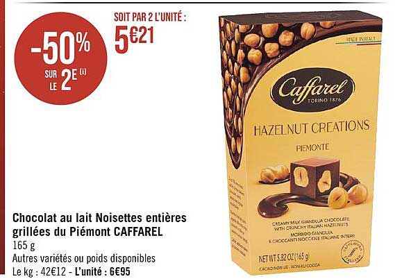 chocolat au lait noisettes entières grillées du piémont caffarel