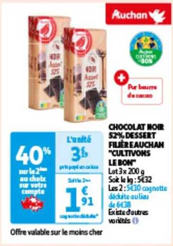 Chocolat Noir 52% Dessert Filière Auchan "cultivons Le Bon"
