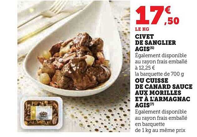 civet de sanglier agis ou cuisse de canard sauce aux morilles et à l'armagnac agis