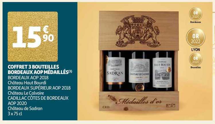 coffret 3 bouteilles bordeaux aop médaillés bordeaux aop 2018 château haut bourdi bordeaux supérieur aop 2018 château le calvaire, cadillac côtes de bordeaux aop 2020 château de sadran