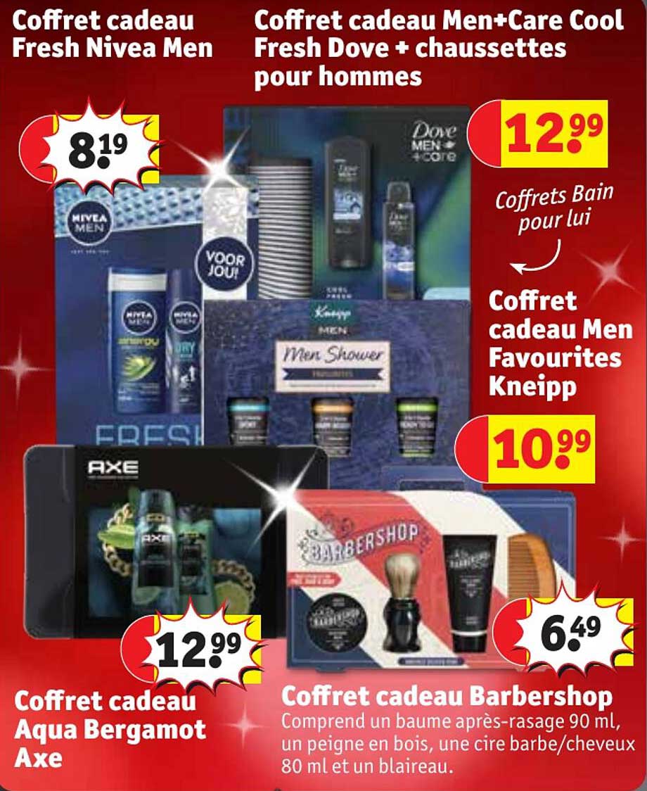 coffret cadeau fresh nivea men, coffret cadeau aqua bergamot axe, coffret cadeau men + care cool fresh dove + chaussettes pour hommes, coffret cadeau men favourites kneipp, coffret cadeau barbershop