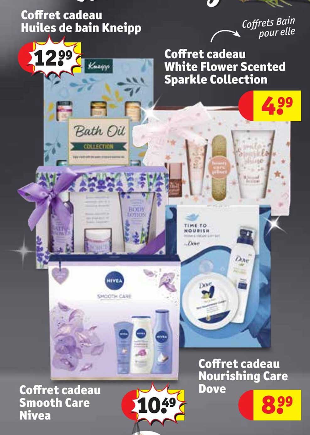 coffret cadeau huiles de bain kneipp, coffret cadeau smooth care nivea, coffret cadeau nourishing care dove, coffret cadeau white flower scented sparkle collection