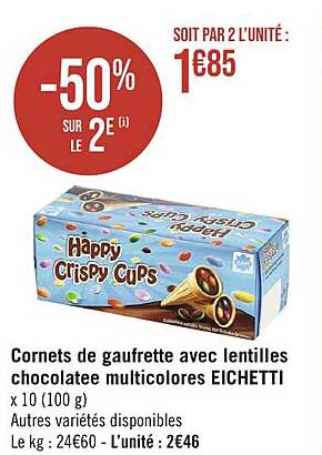 cornets de gaufrette avec lentilles chocolatée multicolores eichetti