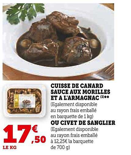 cuisse de canard sauce aux morilles et à l'armagnac ou civet de sanglier