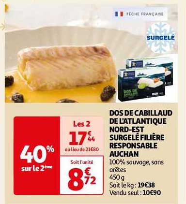 dos de cabillaud de l'atlantique nord-est surgelé filière responsable auchan