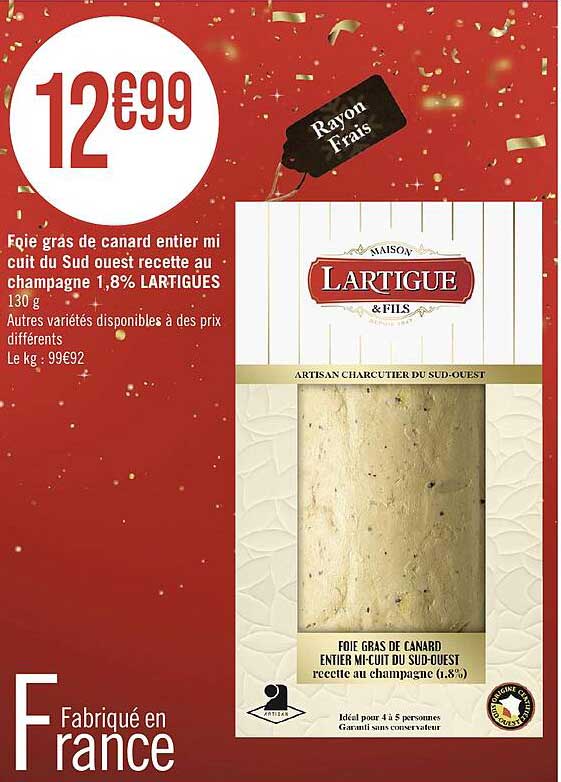 foie gras de canard entier mi cuit du sud ouest recette au champagne 1,8% lartigues