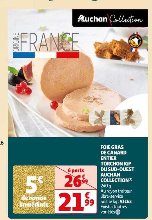 foie gras de canard entier torchon igp du sud-ouest auchan collection