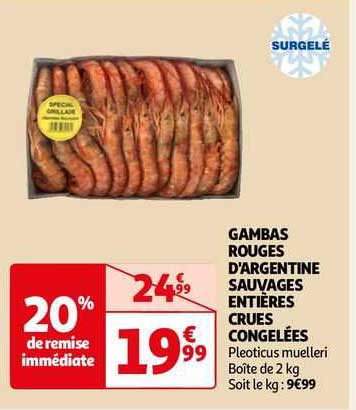 gambas rouges d'argentine sauvages entières crues congelées