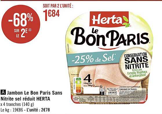 jambon le bon paris sans nitrite sel réduit herta