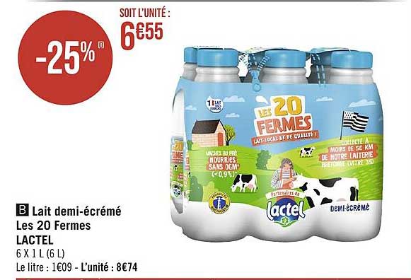 lait demi-écrémé les 20 fermes lactel