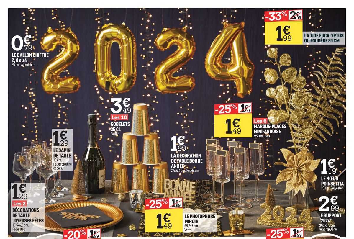 le ballon chiffre 2,0 ou 4, les 2 décorations de table joyeuses fêtes, le sapin de table, les 10 gobelets 35 cl, la décoration de table bonne année, le photophore miroir, les 6 marque-places