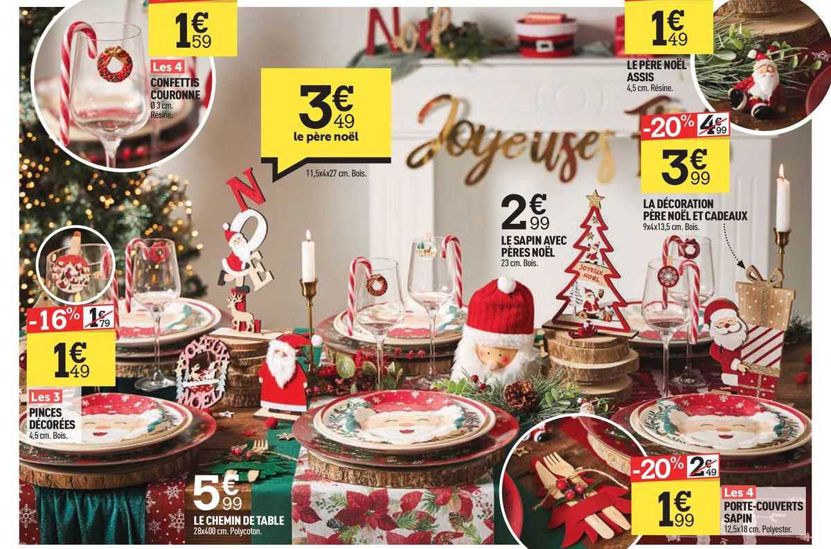 les 4 confettis couronne, les 3 pinces décorées, le chemin de table, le père noël, le sapin avec pères noël, le père noël assis, la décoration père noël et cadeaux, les 4 porte-couverts sapin