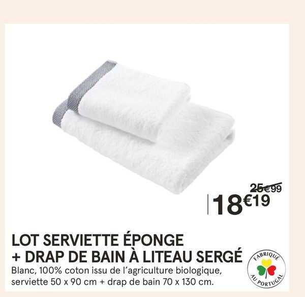 lot serviette éponge + drap de bain à liteau sergé