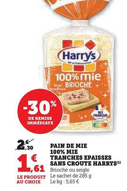pain de mie 100% mie tranches épaisses sans croute harrys