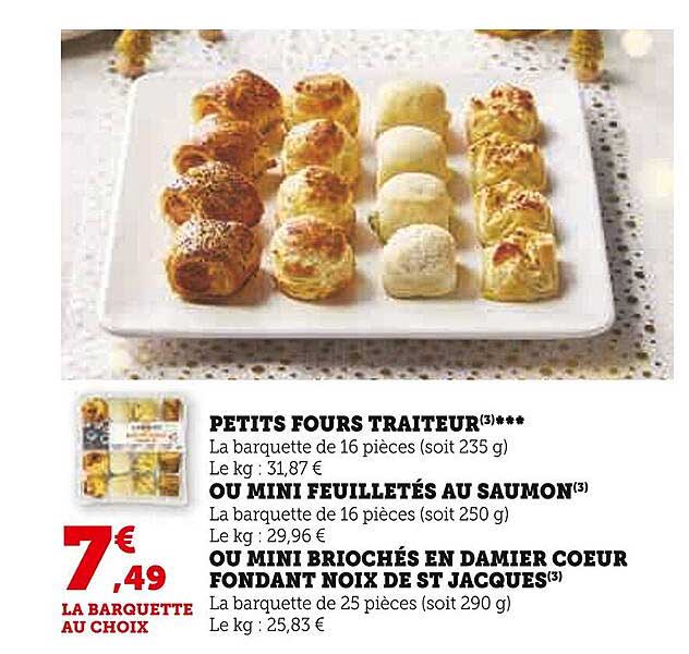 petits fours traiteur ou mini feuilletés au saumon ou mini briochés en damier cœur fondant noix de st jacques