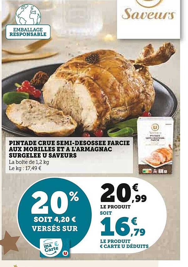 pintade crue semi-désossée farcie aux morilles et à l'armagnac surgelée u saveurs