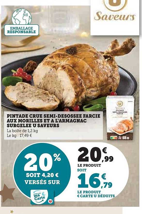 pintade crue semi-désossée farcie aux morilles et à l'armagnac surgelée u saveurs