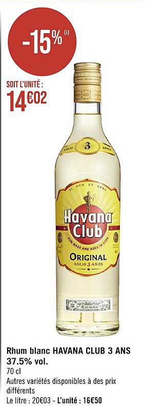 rhum blanc havana club 3 ans 37.5% vol.