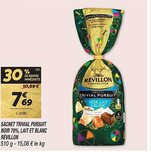 sachet trivial pursuit noir 70% lait et blanc révillon