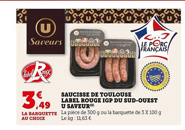 saucisse de toulouse label rouge igp du sud-ouest u saveur