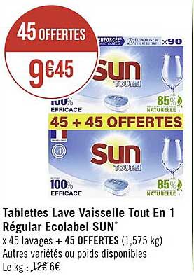 tablettes lave vaisselle tout en 1 régular ecolabel sun