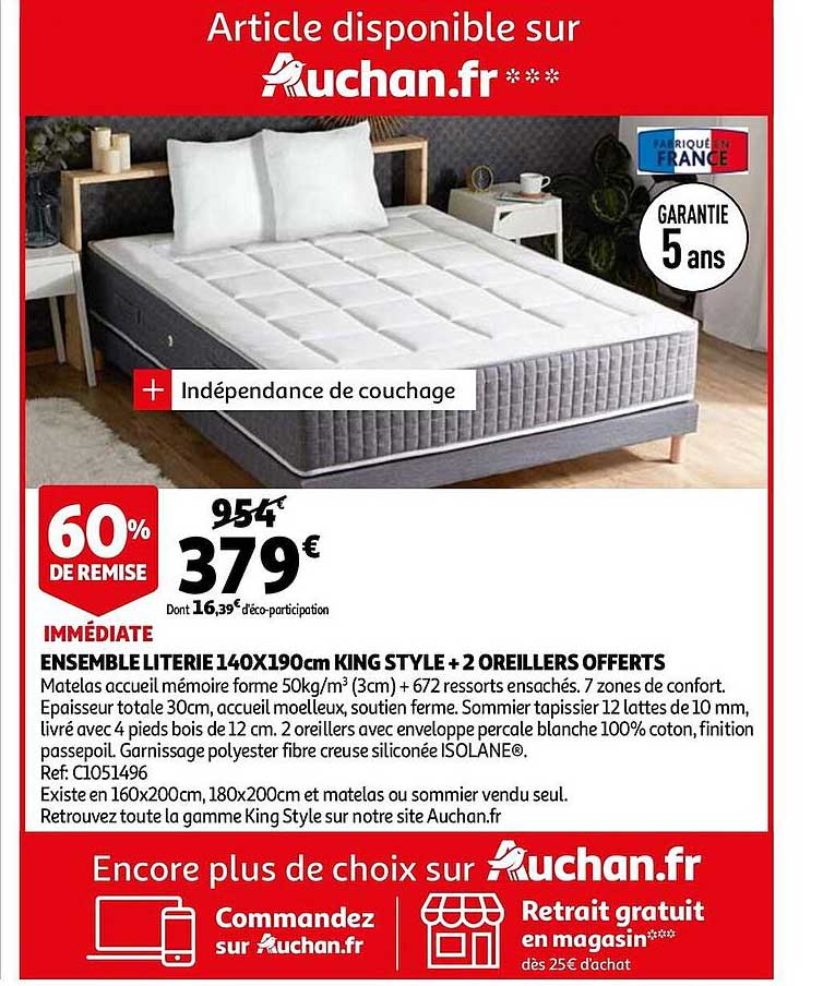 Ensemble Literie 140 X 190 Cm King Style + 2 Oreillers Offerts