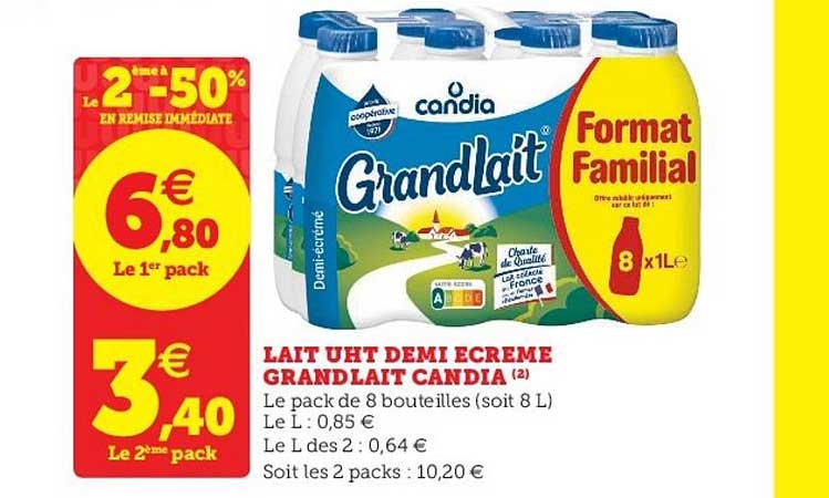 Lait Uht Demi écrémé Grandlait Candia