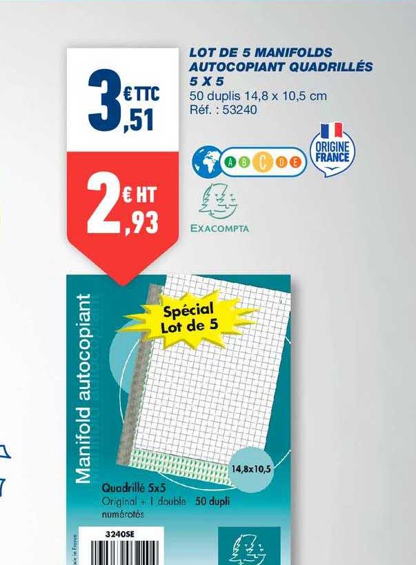 Lot De 5 Manifolds Autocopiant Quadrillés 5 X 5