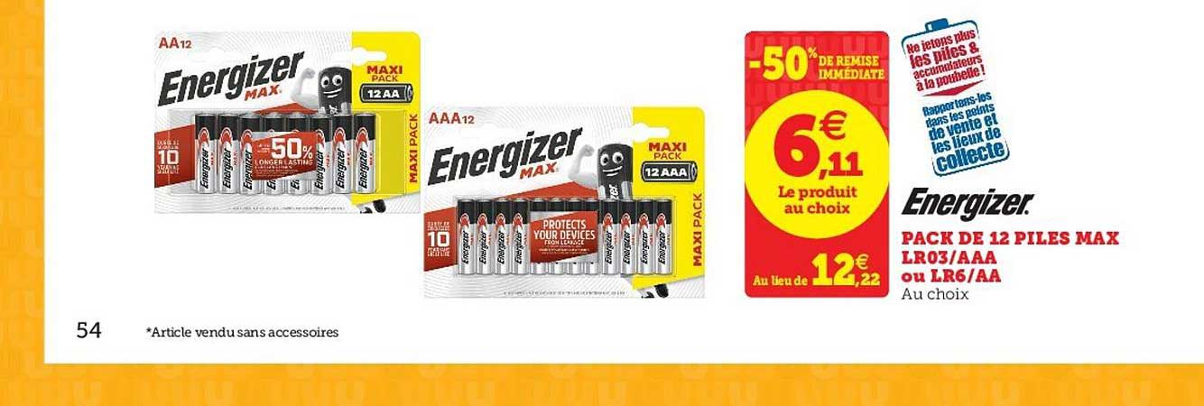 pack de 12 piles max lr03-aaa ou lr6-aa energizer