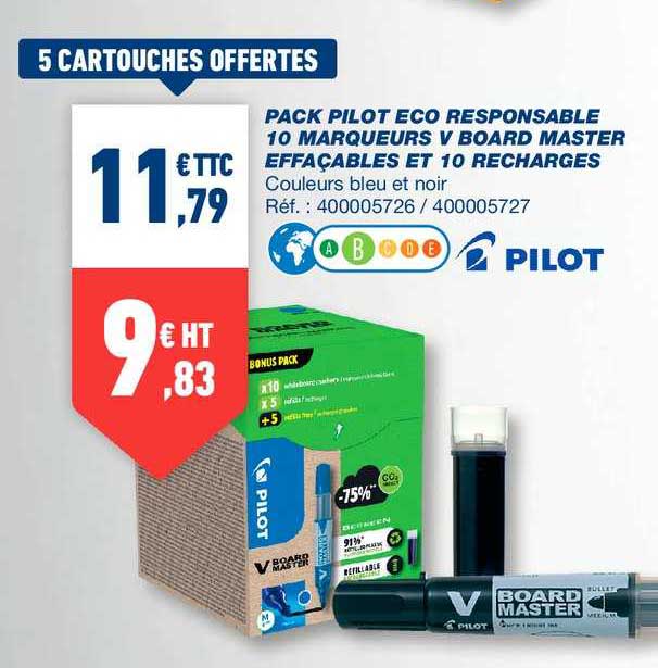 pack pilot eco responsable 10 marqueurs v board master effaçables et 10 recharges