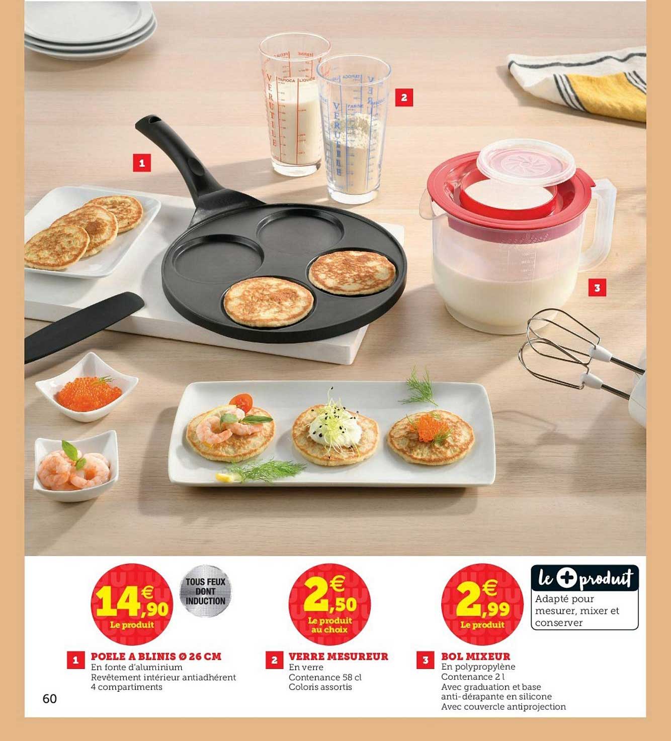 poêle à blinis, verre mesureur, bol mixeur