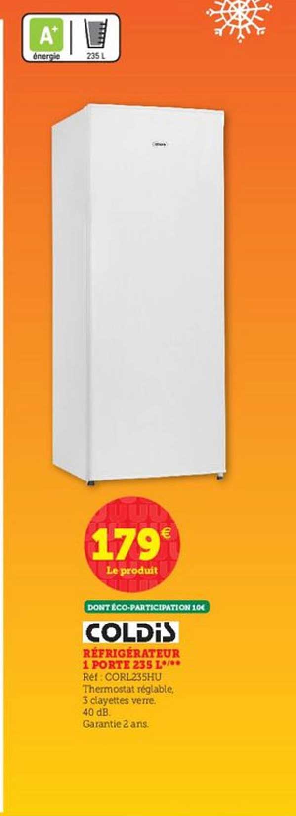 réfrigérateur 1 portes 235 l coldis